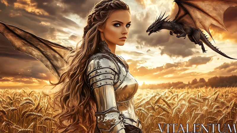 Female Warrior with Dragon in Field AI Image