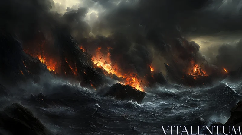 Raging Sea on Fire AI Image