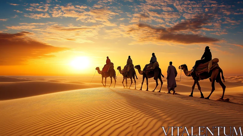 AI ART Camels in Desert at Sunset