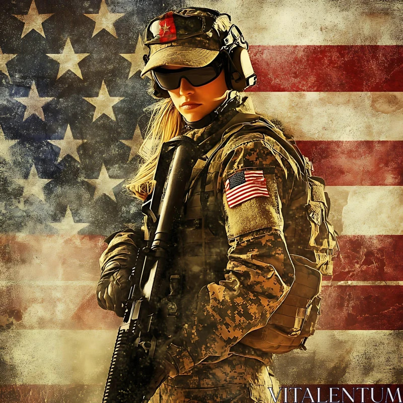 Female Soldier with American Flag Backdrop AI Image