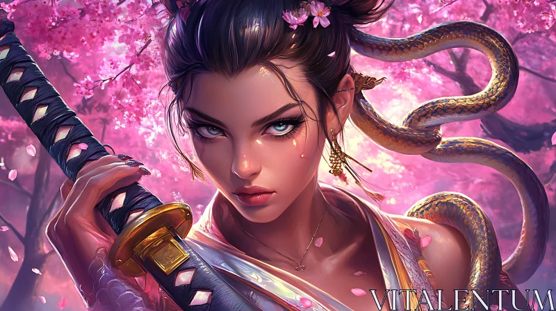 Sakura Serpent Warrior Portrait AI Image