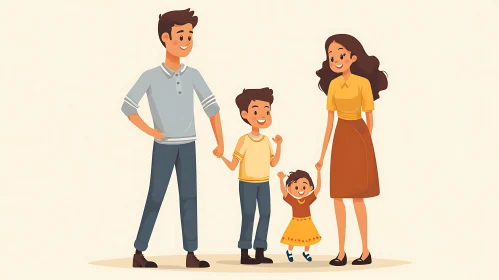 Happy Family Portrait in Cartoon Style