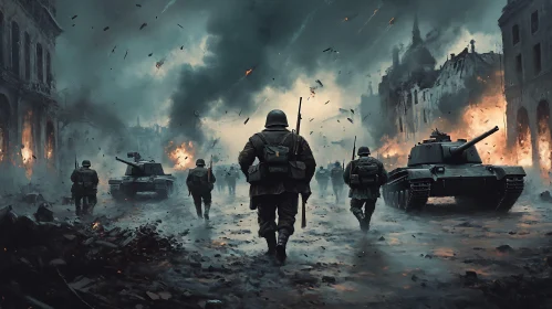 Soldiers and Tanks in War Zone