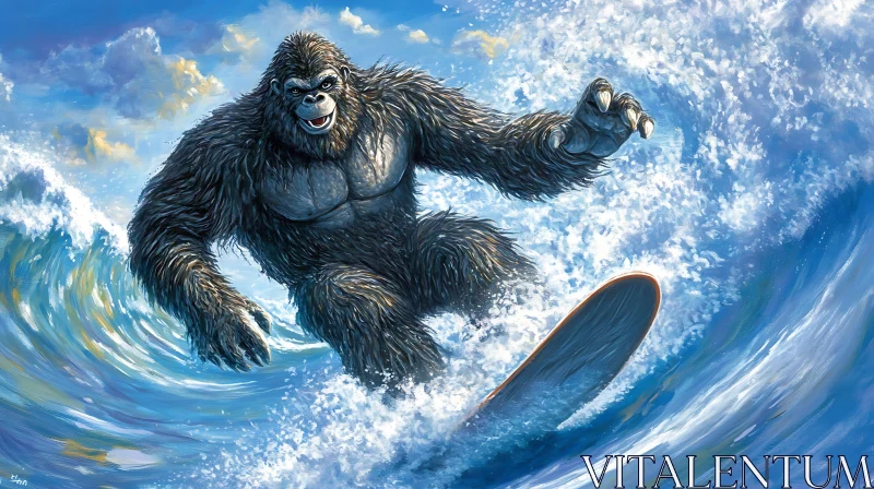 Ape on Surfboard Riding Ocean Wave AI Image