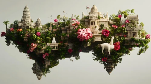 Floating Temple Island with Llama and Flowers