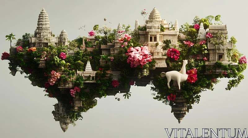 Floating Temple Island with Llama and Flowers AI Image