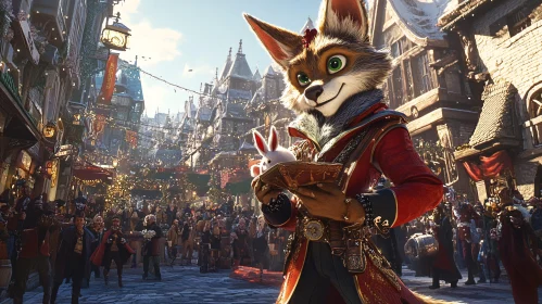 Regal Fox with Rabbit in Crowded Town