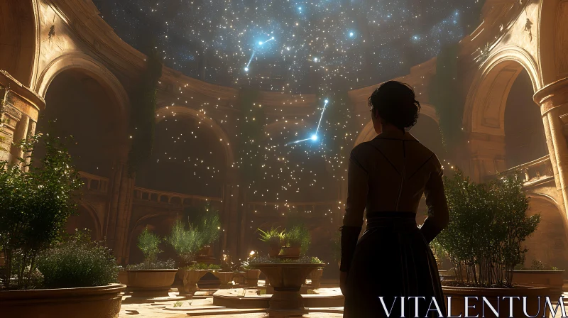 Woman Under Starry Sky in Courtyard AI Image