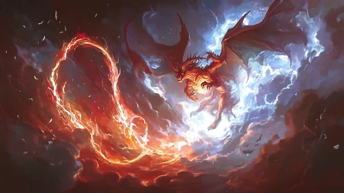 Dragon in Flight Amidst Fiery Clouds