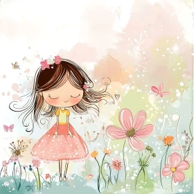 Whimsical Girl with Flowers Illustration