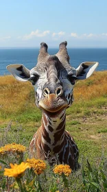 Giraffe Among Wildflowers Near the Ocean