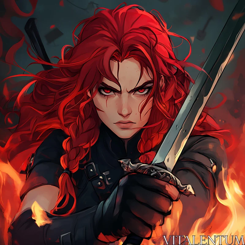 AI ART Warrior with Red hair and Sword