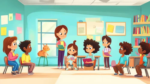 Kids Learning in a Cartoon Classroom