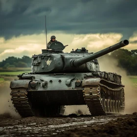 Heavy Tank in Action on Muddy Field