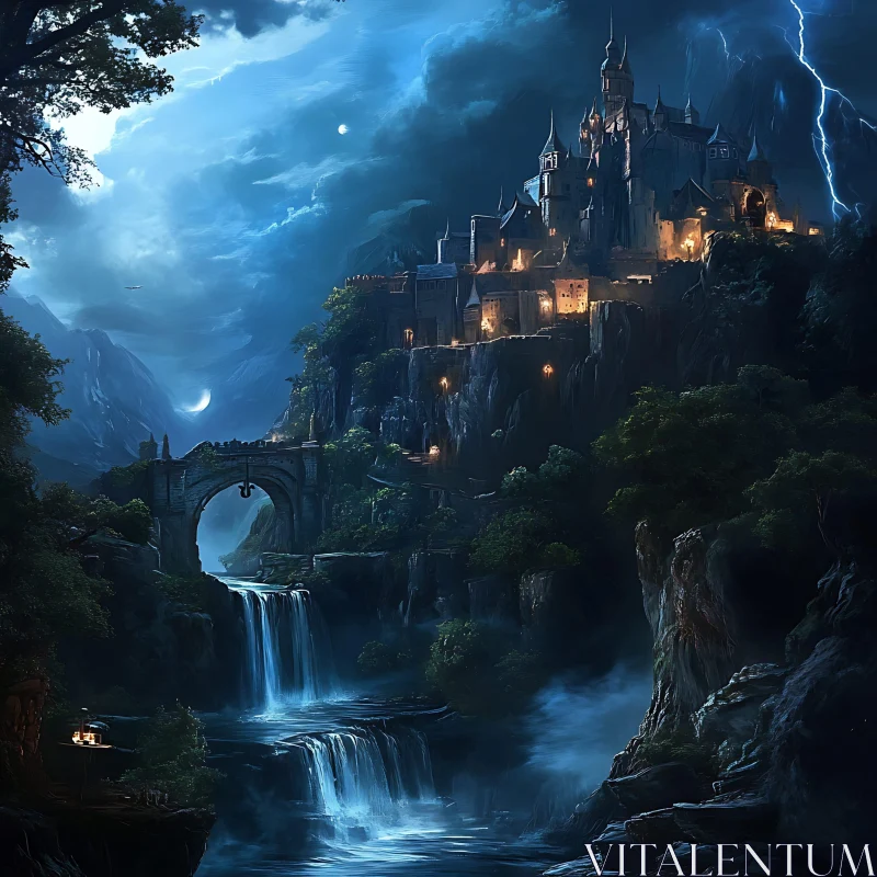 AI ART Nighttime Castle Overlook with Waterfall