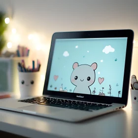 Adorable Cartoon Display on Laptop in Modern Desk Setup