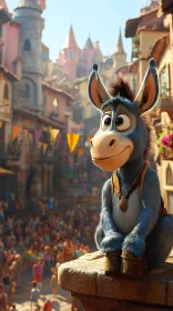 Cartoon Donkey Amidst Village Festivities