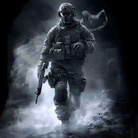 Camouflaged Soldier in Dark Environment