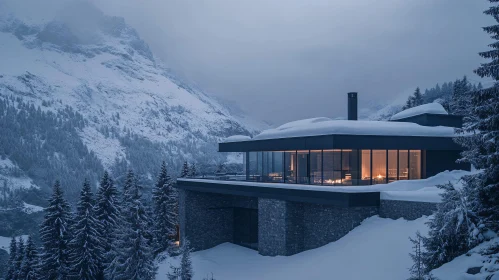 Glass-Fronted Cabin with Snow-Covered Pines