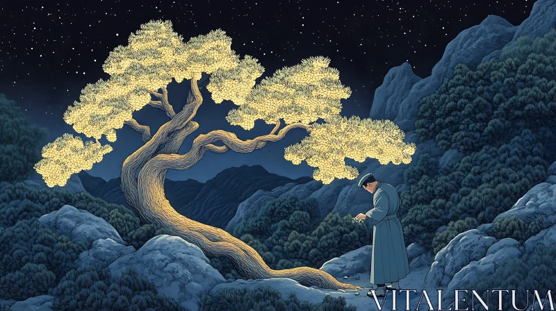 Night Landscape with Luminous Tree and Figure AI Image