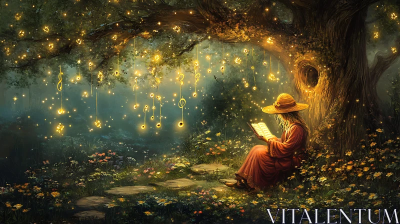 Woman Reading Book Under Musical Tree AI Image