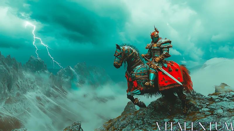 AI ART Armored Knight with Horse in Storm