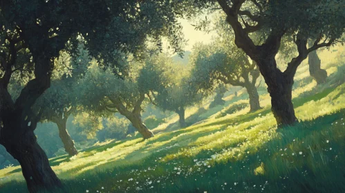 Sunlit Forest with Lush Greenery and Shadows