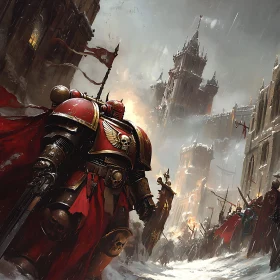 Red Armor Warrior in Medieval City