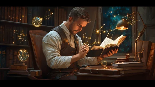 Man Reading Book Surrounded by Celestial Orbs