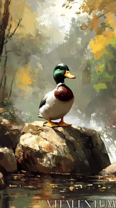 Peaceful Duck Among Autumn Leaves AI Image