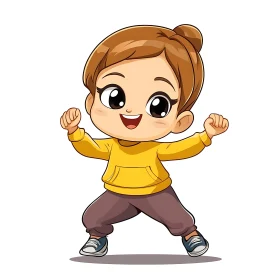 Joyful Cartoon Girl with Raised Fists