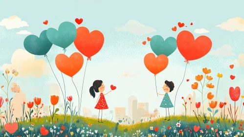 Children with Heart Balloons in a Flower Field