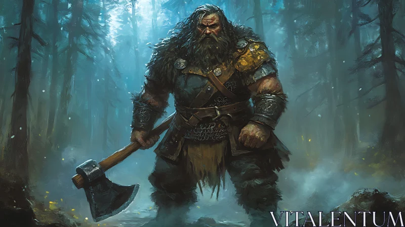 Axe Warrior in Misty Forest AI Image