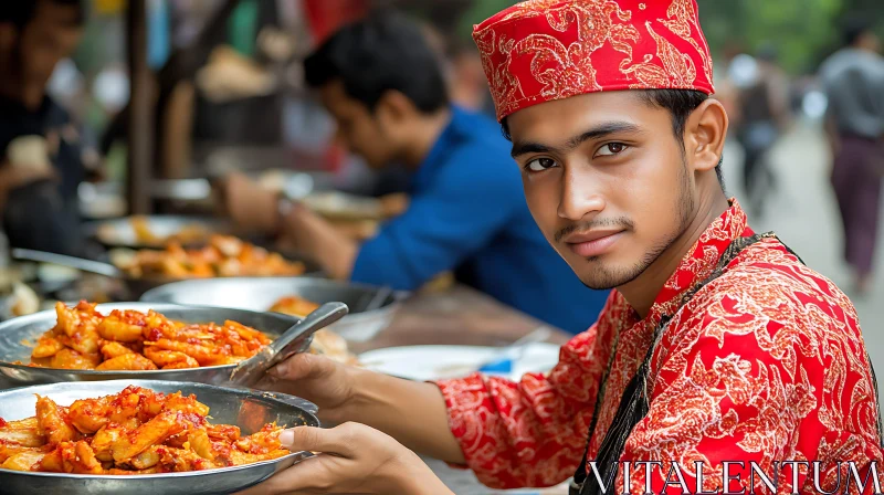 Man in Red Serving Food AI Image