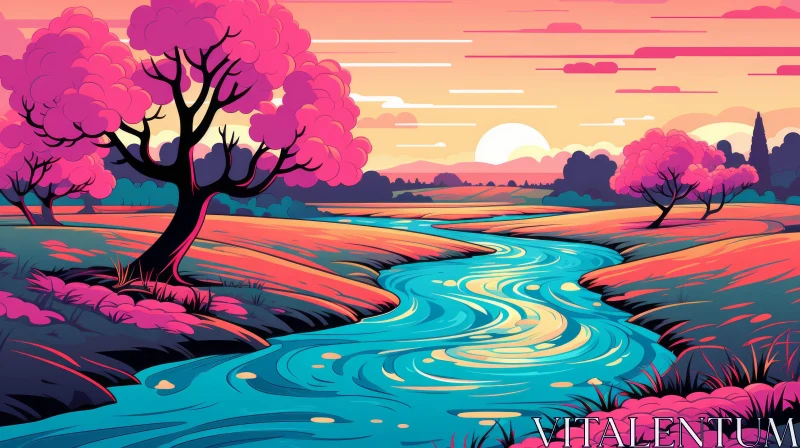 Colorful Cartoon-Style Sunset Landscape Illustration AI Image