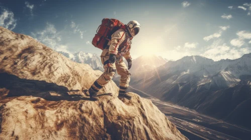 Courageous Man Climbing a Majestic Cliff with Mountains - Retro Filters