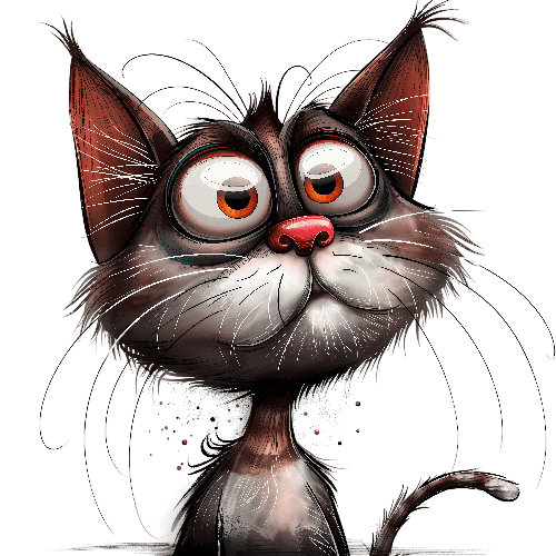 Curious Cartoon Cat with Big Eyes and Pink Nose