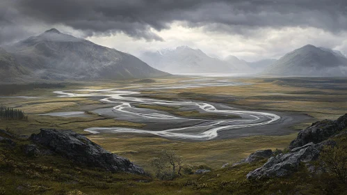 Mountain Valley with Serene River and Dramatic Clouds