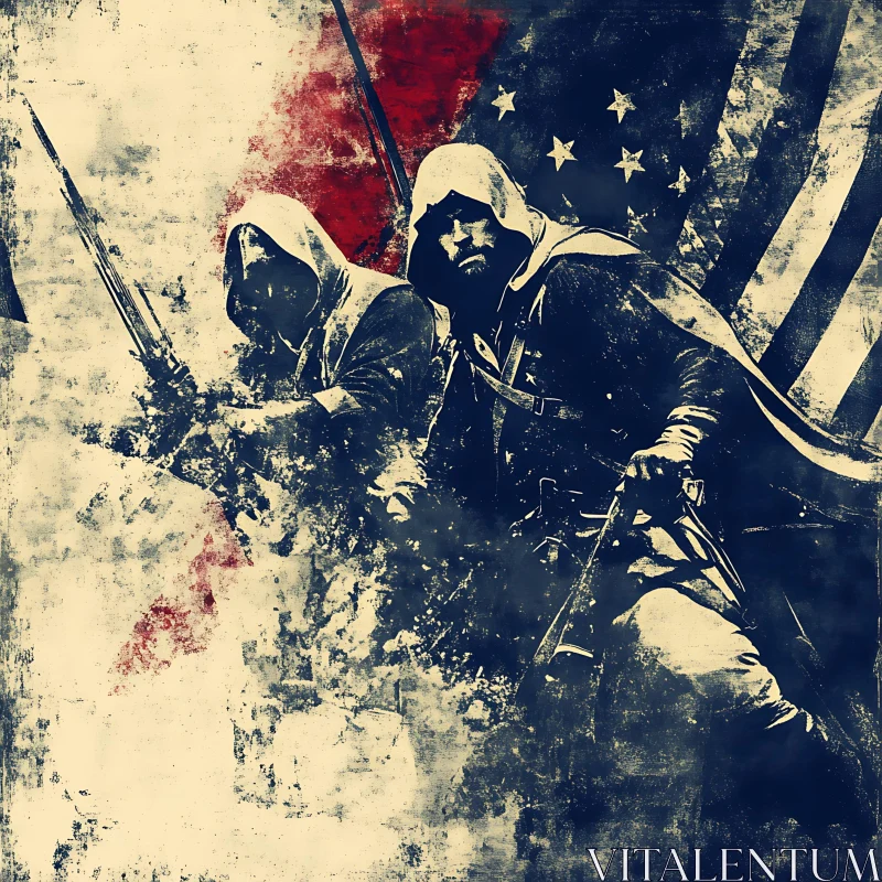 Distressed Flag with Hooded Revolutionary Figures AI Image