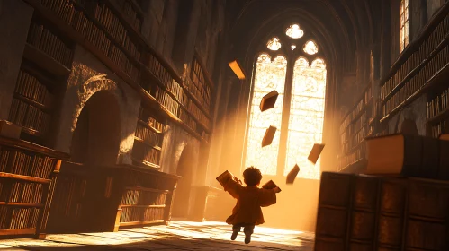 Child's Delight in a Sunlit Library