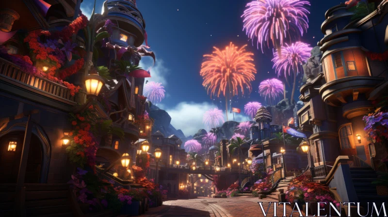 Exotic Firework-lit Street with Floral Fantasy Landscape AI Image