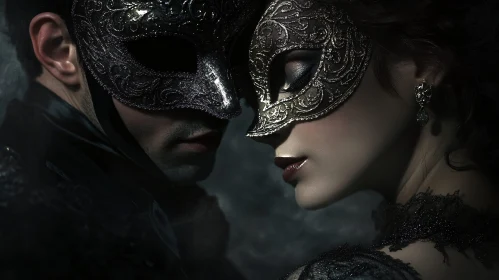 Enigmatic Encounter: Masked Couple's Intimate Gaze