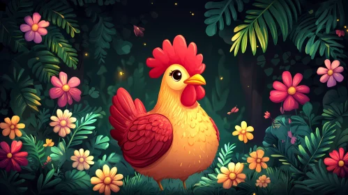 Whimsical Chicken in Flowered Forest