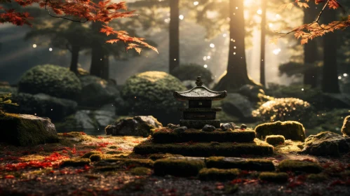Japanese Autumn Garden with Lantern and Stones
