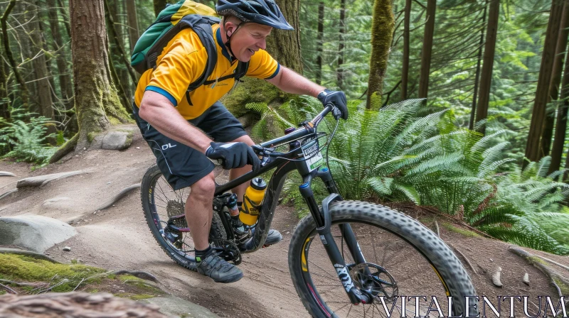 Mountain Biker in Yellow Shirt Riding through Forest | Aggressive Quilting AI Image