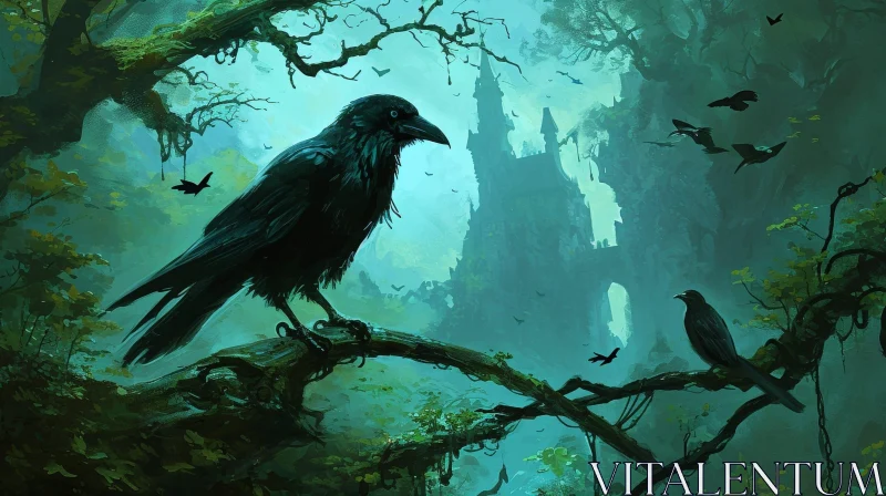 Mysterious Dark Fantasy Painting of a Raven in a Forest AI Image