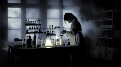 Mysterious Woman in Laboratory with Smoke - Tilt-Shift Photography