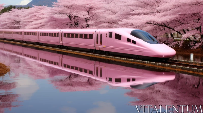 Pink Train on Tracks: Japanese-Inspired Imagery with Chrome Reflections AI Image