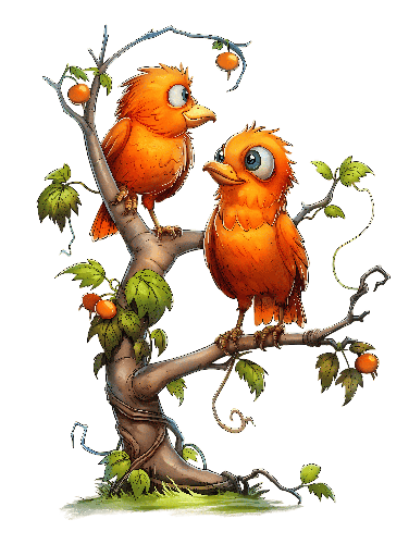 Whimsical Cartoon Illustration of Two Orange Birds on a Tree