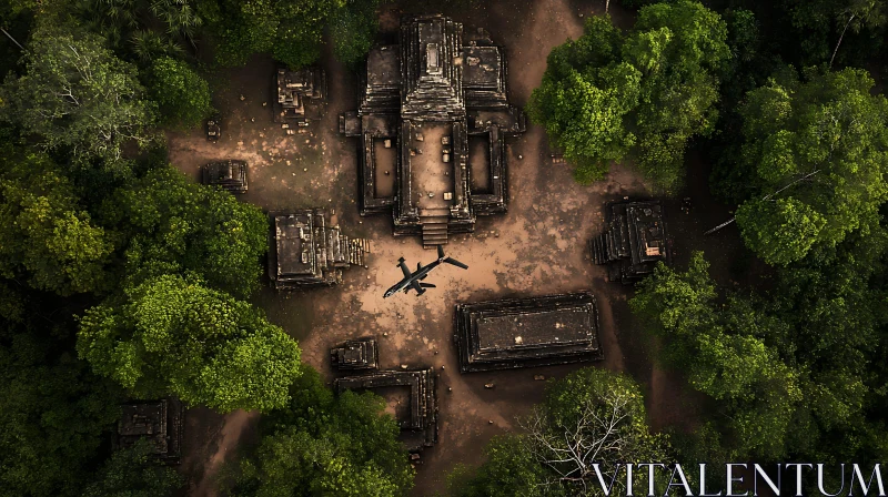 Airplane over Ancient Temple Ruins